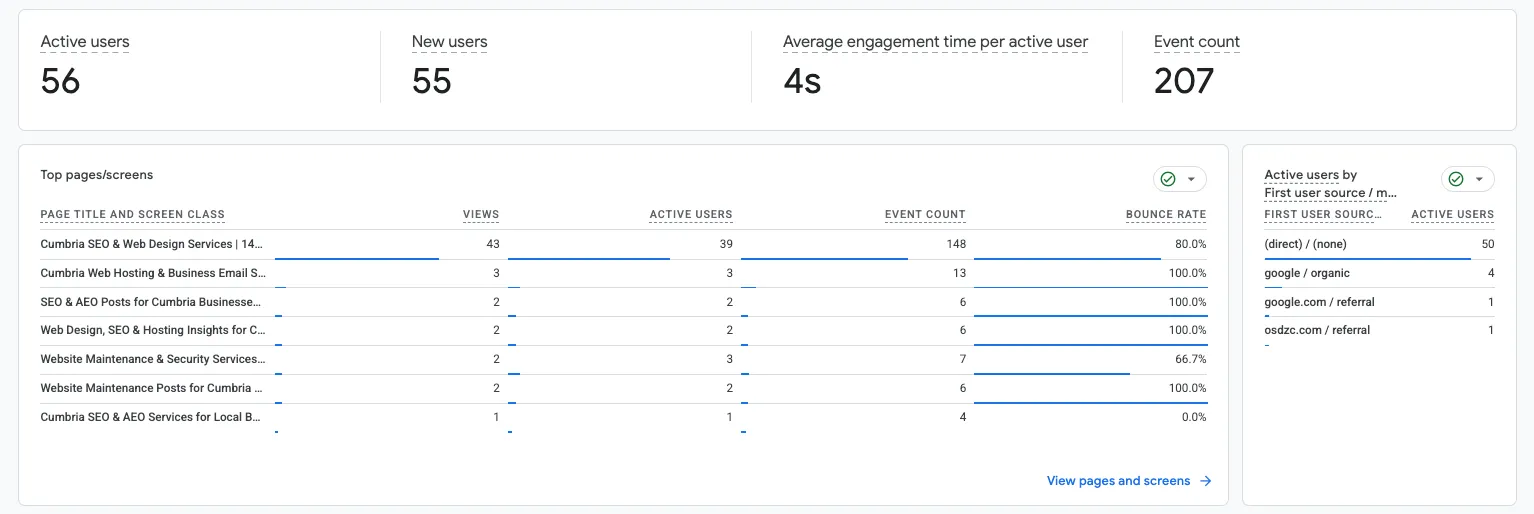 GA4 overview showing 56 active users before filtering out preview-deploy traffic
