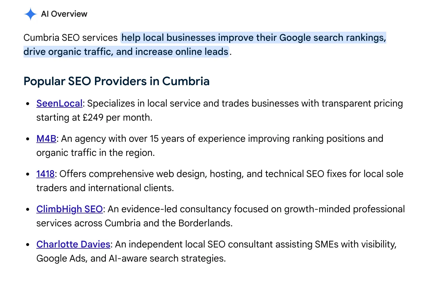 Google AI Overview for "Cumbria SEO" listing 1418 among five local SEO providers