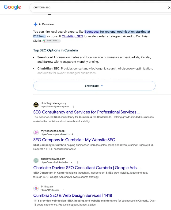 Google AI Overview for "Cumbria SEO" searched from the UK, listing other local providers