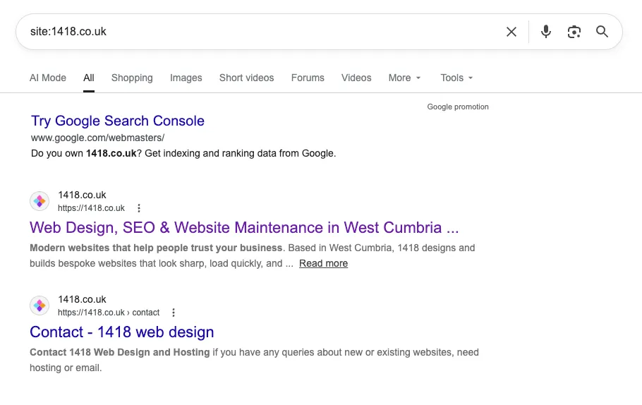 site:1418.co.uk search showing two indexed pages